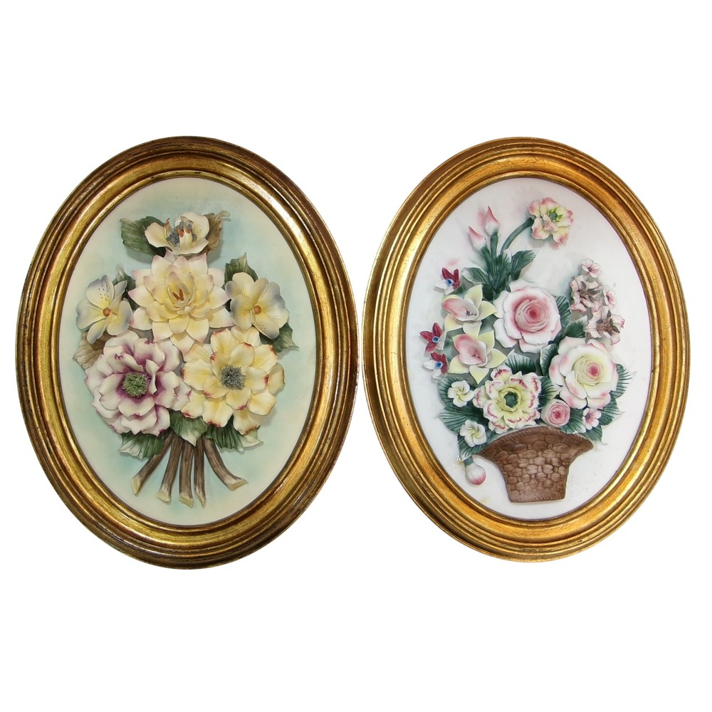 Vintage Capodimonte Style 3D Porcelain Floral Wall Art Plaques Gold Oval Frames